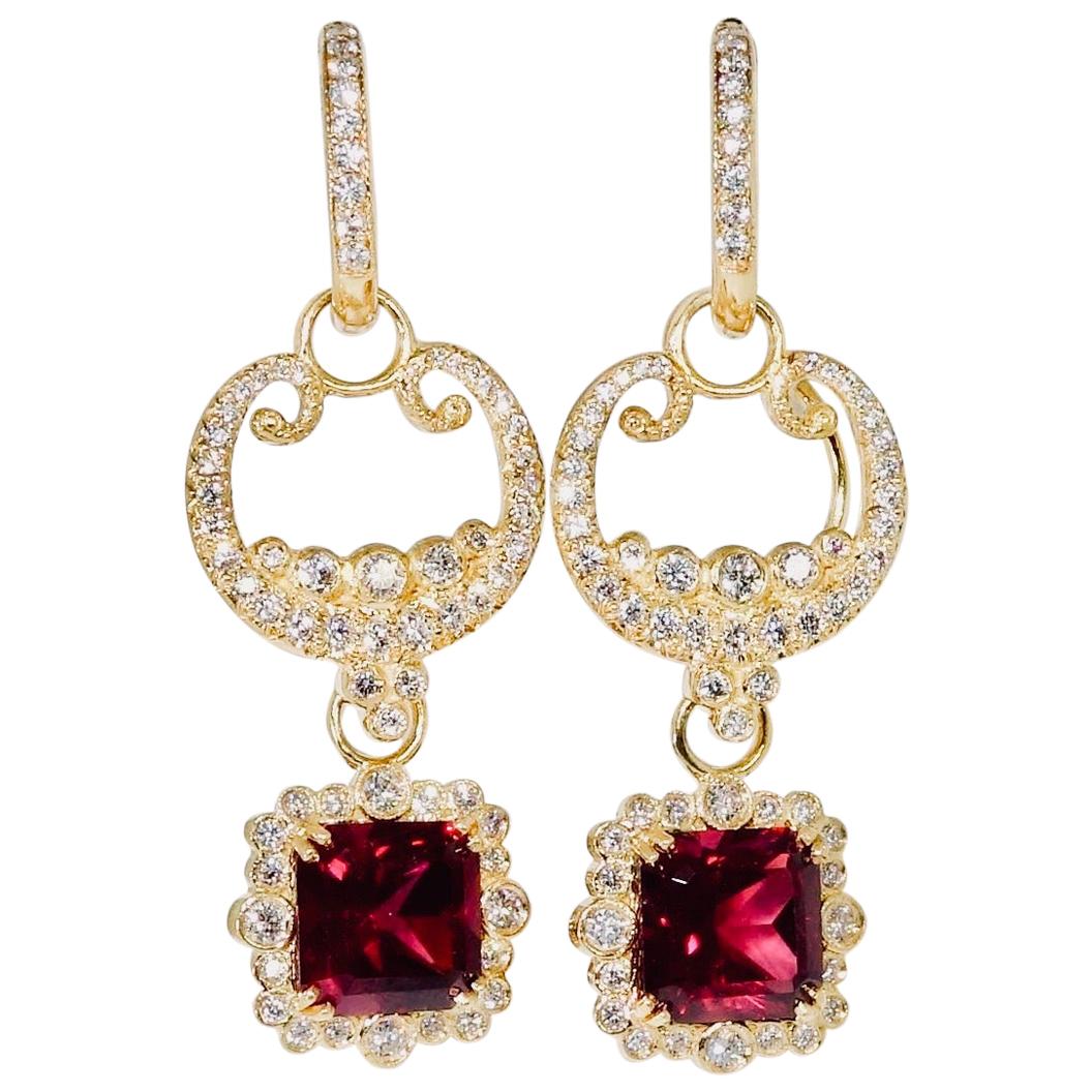 Diamond, Natural Garnet and 18 Karat Gold Earrings