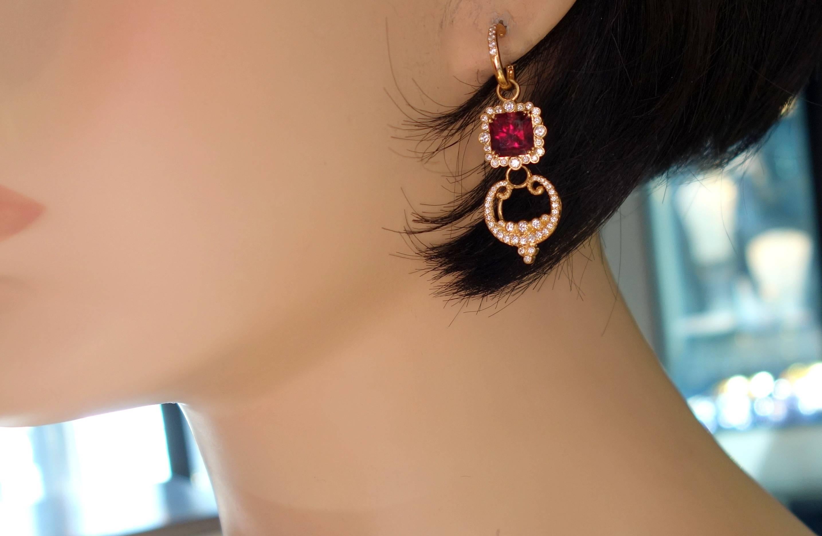 Diamond, Natural Garnet and 18 Karat Gold Earrings 6