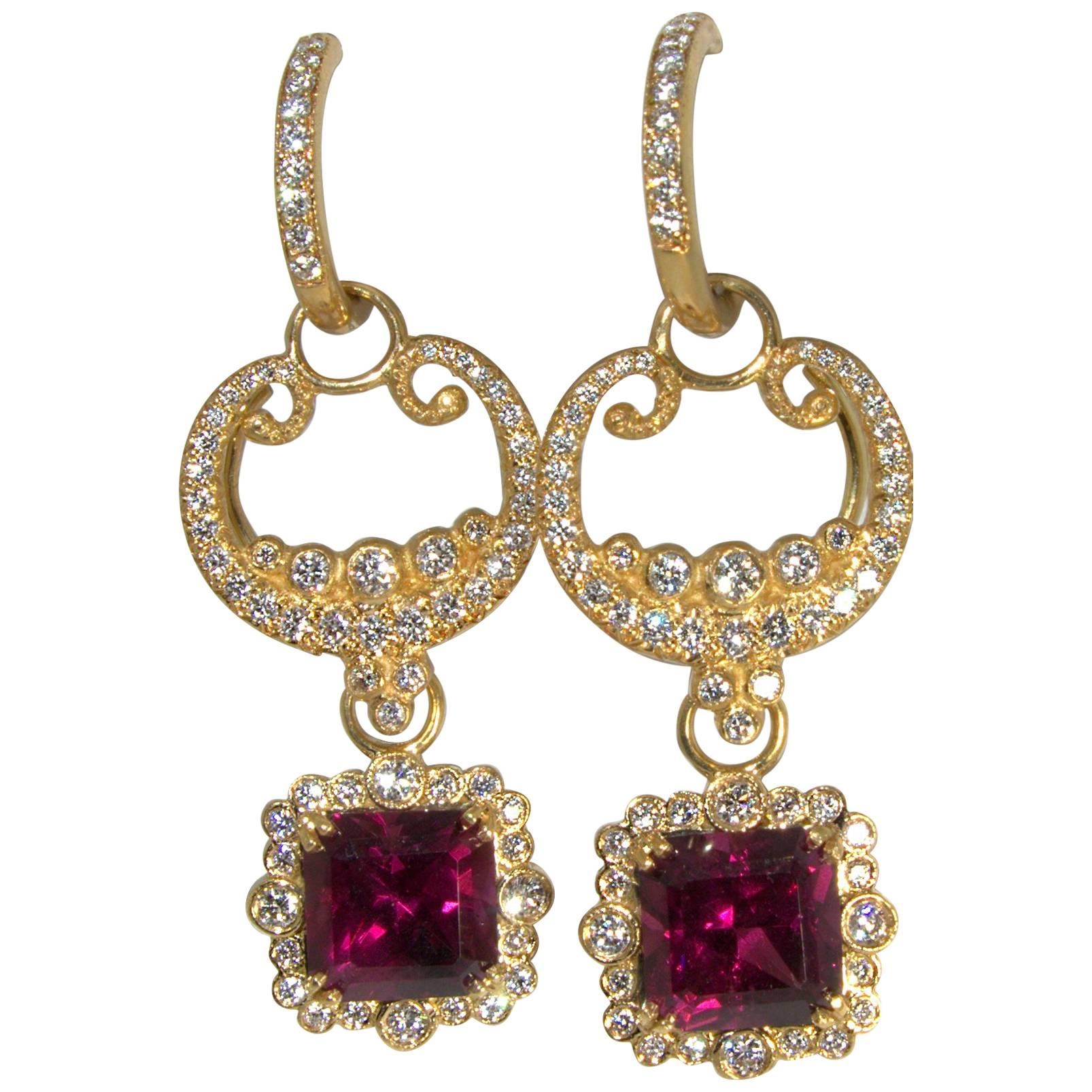 Contemporary Diamond, Natural Garnet and 18 Karat Gold Earrings