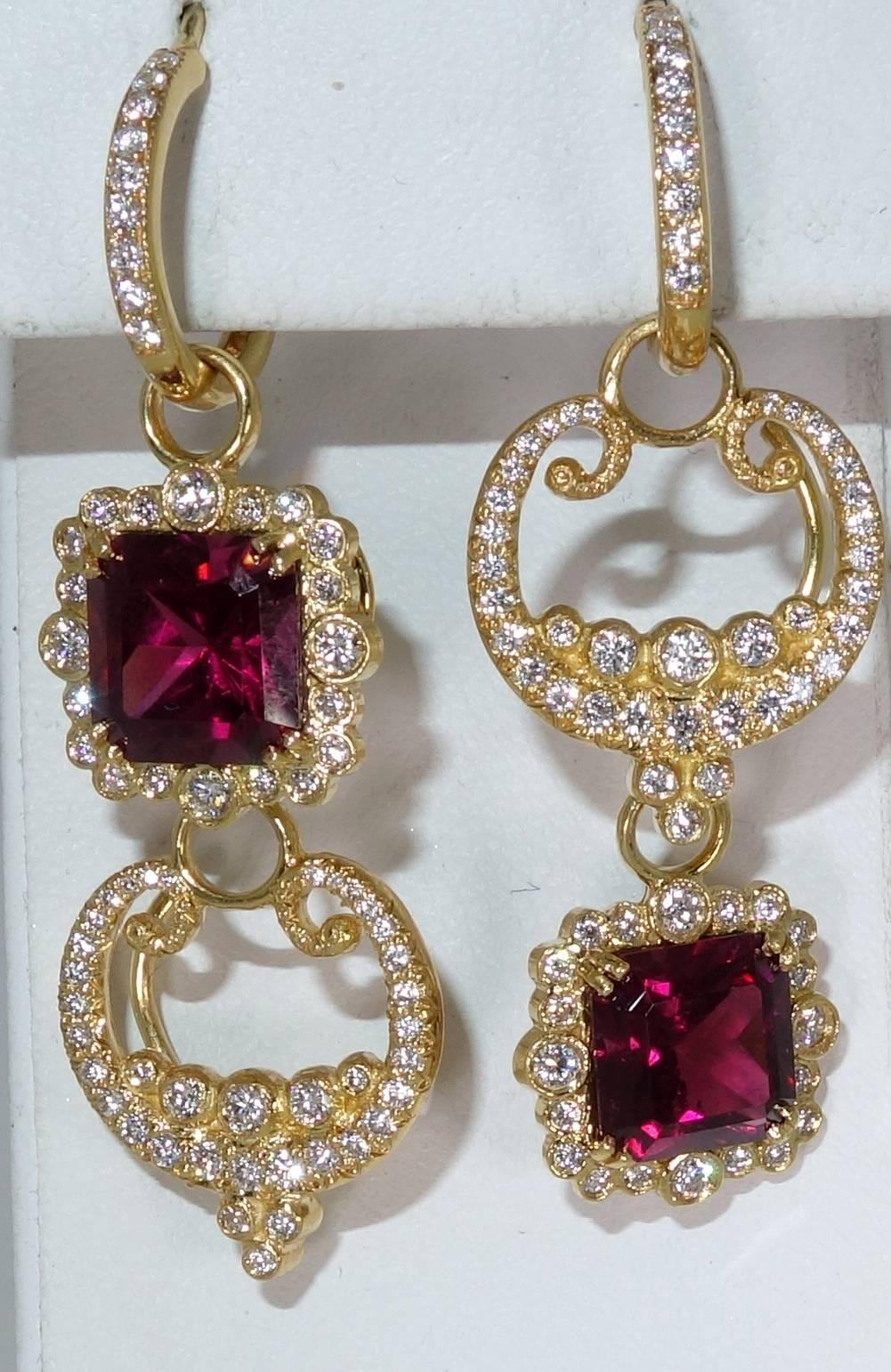 Diamond, Natural Garnet and 18 Karat Gold Earrings 2