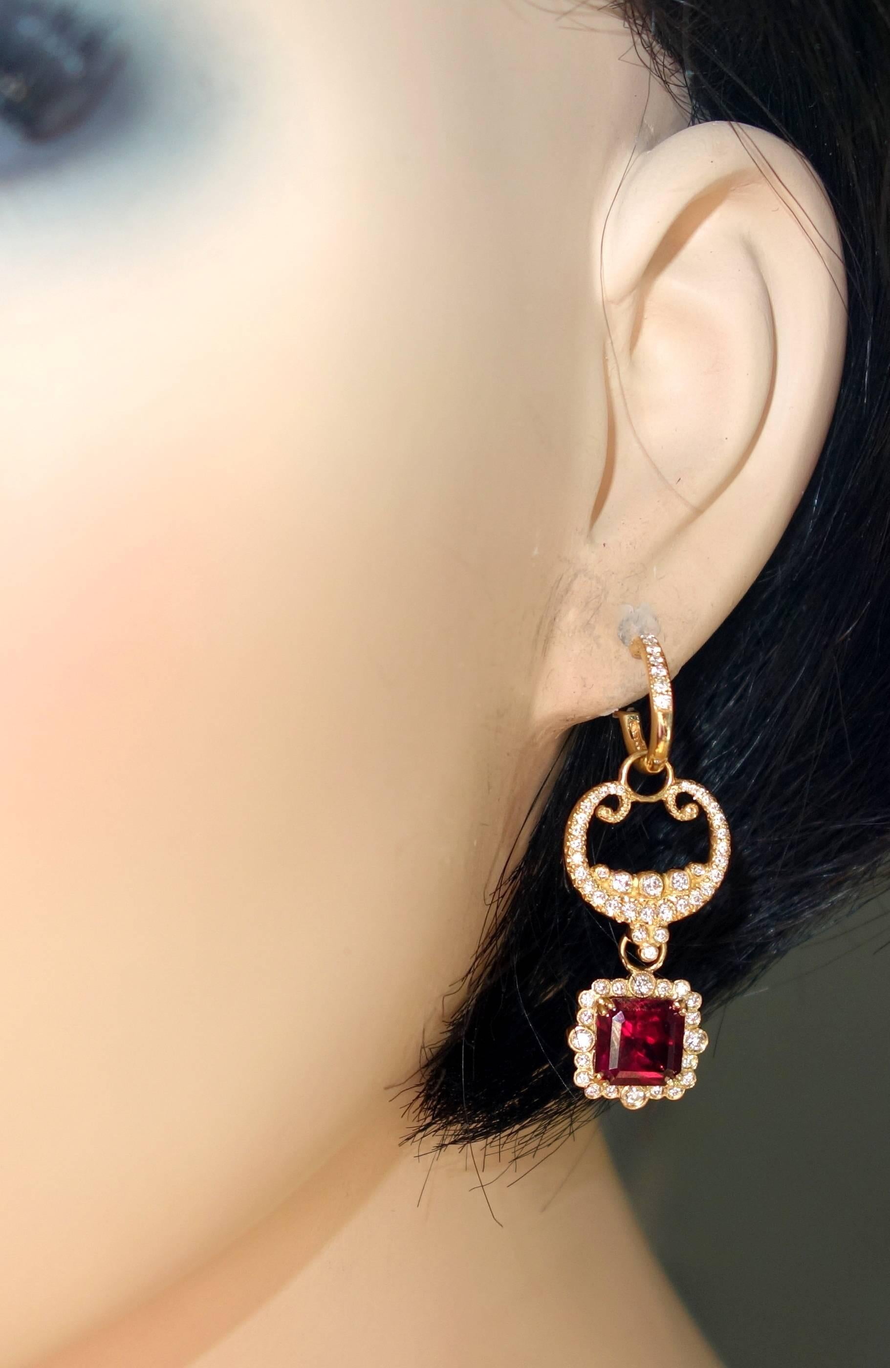 Diamond, Natural Garnet and 18 Karat Gold Earrings 4