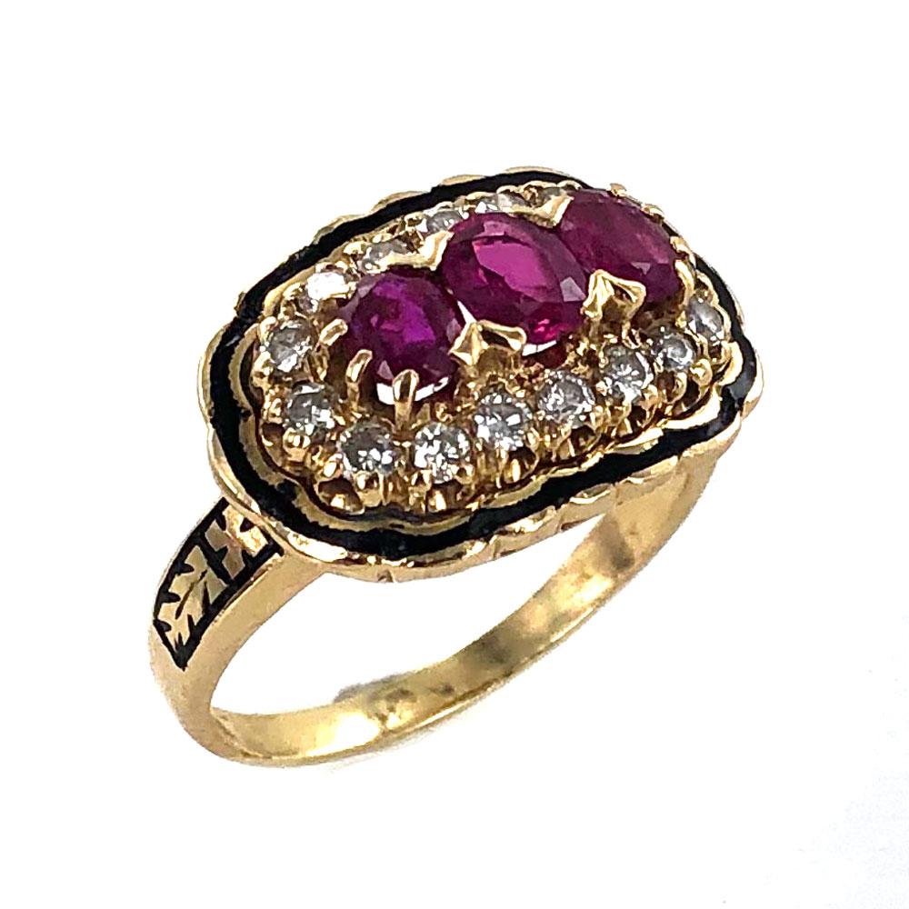 Oval Cut Diamond Natural Oval Ruby Enamel Gold Estate Ring