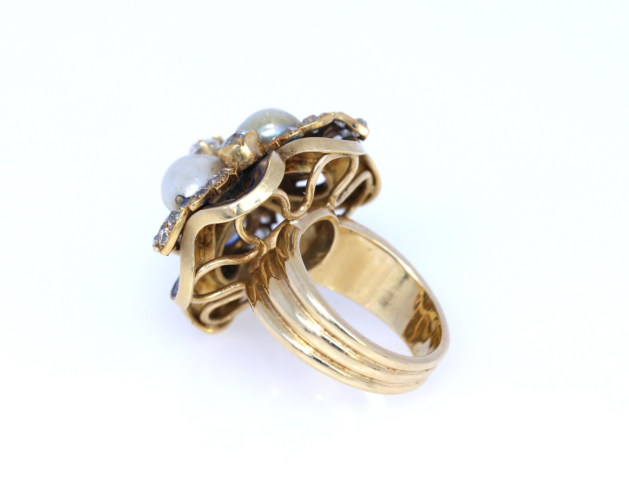 Diamond Natural Pearls Blue Enamel Gold Ring, 1930 For Sale 5