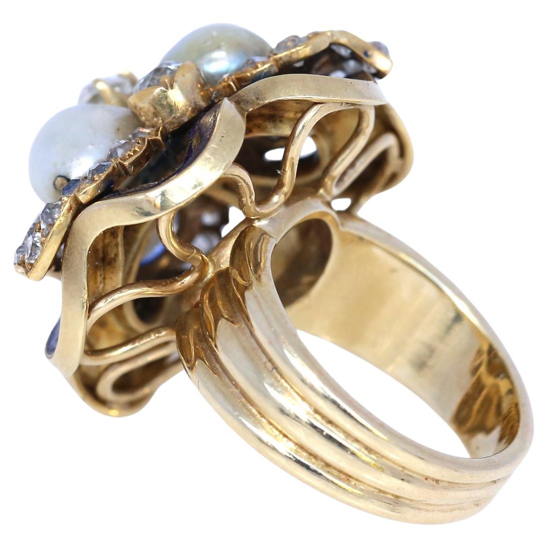 Natural Pearls Blue Enamel Ring Diamond Gold European, 1930
Natural Pearls Enamel Diamond Gold Ring. European, was created in 1930. 
Very delicate craftsmen working. As Blue Enamel on uneven Gold surfaces is a very hard task, managed only by the