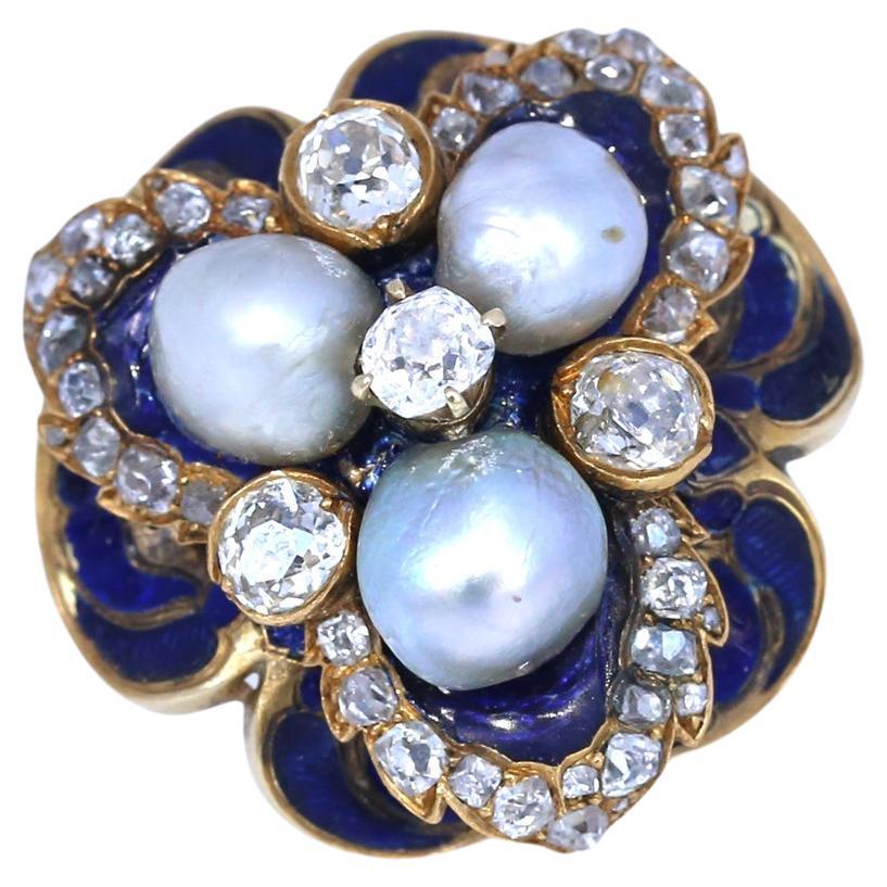 Round Cut Diamond Natural Pearls Blue Enamel Gold Ring, 1930 For Sale
