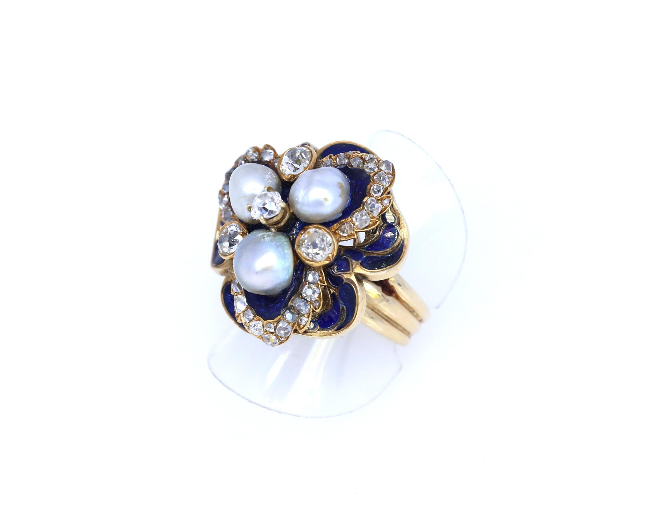 Women's Diamond Natural Pearls Blue Enamel Gold Ring, 1930 For Sale