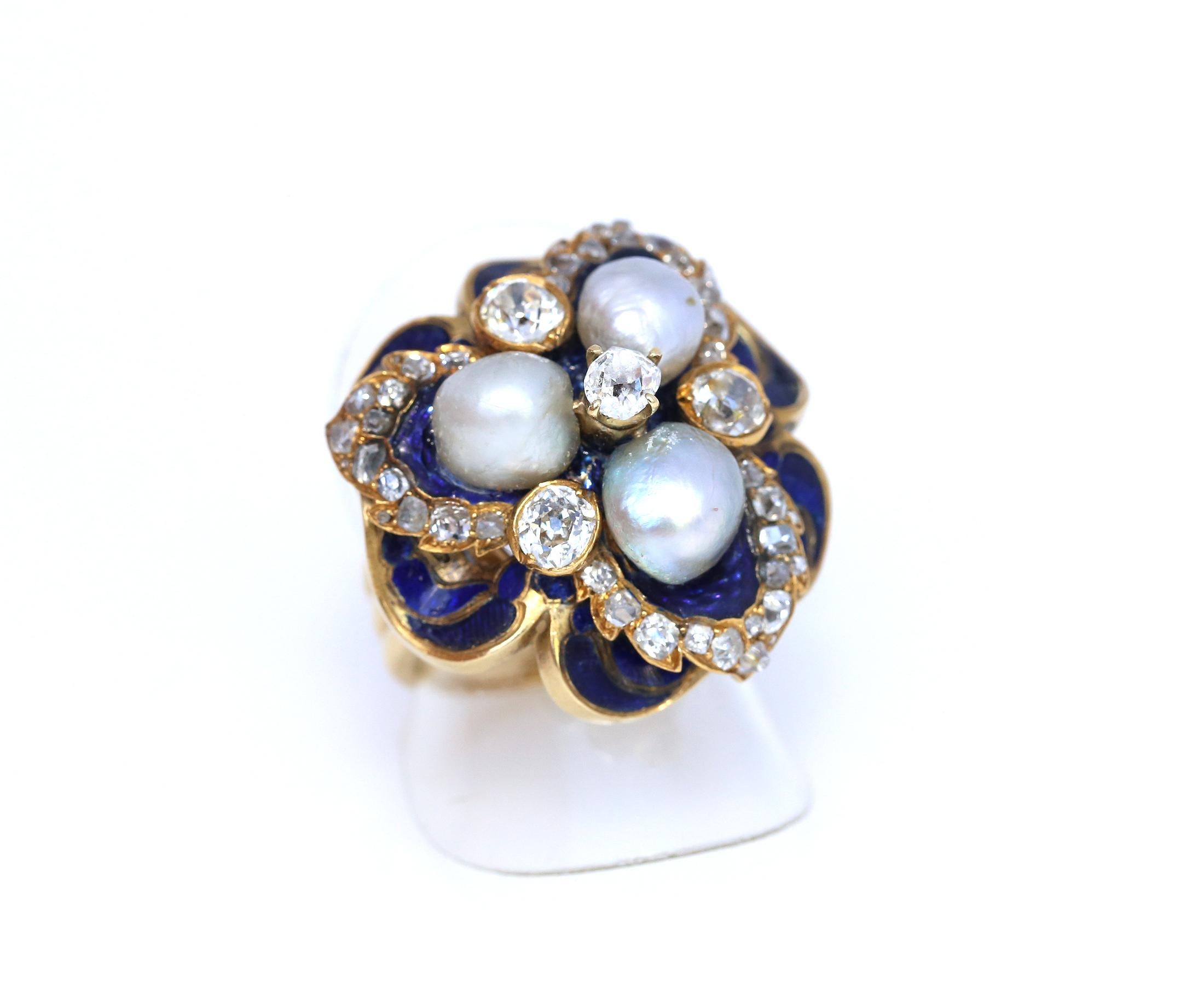 Diamond Natural Pearls Blue Enamel Gold Ring, 1930 For Sale 2