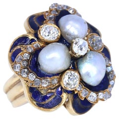 Diamond Natural Pearls Blue Enamel Gold Ring, 1930