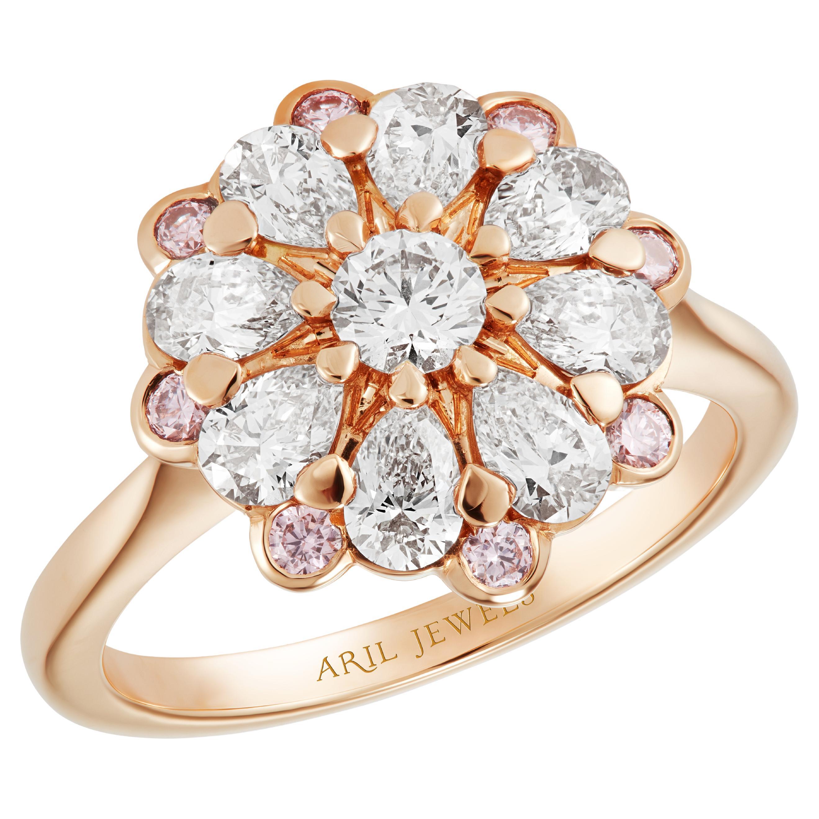 Diamond & Rare Natural Pink Diamond Rose Floral Rose Gold Cocktail Ring For Sale