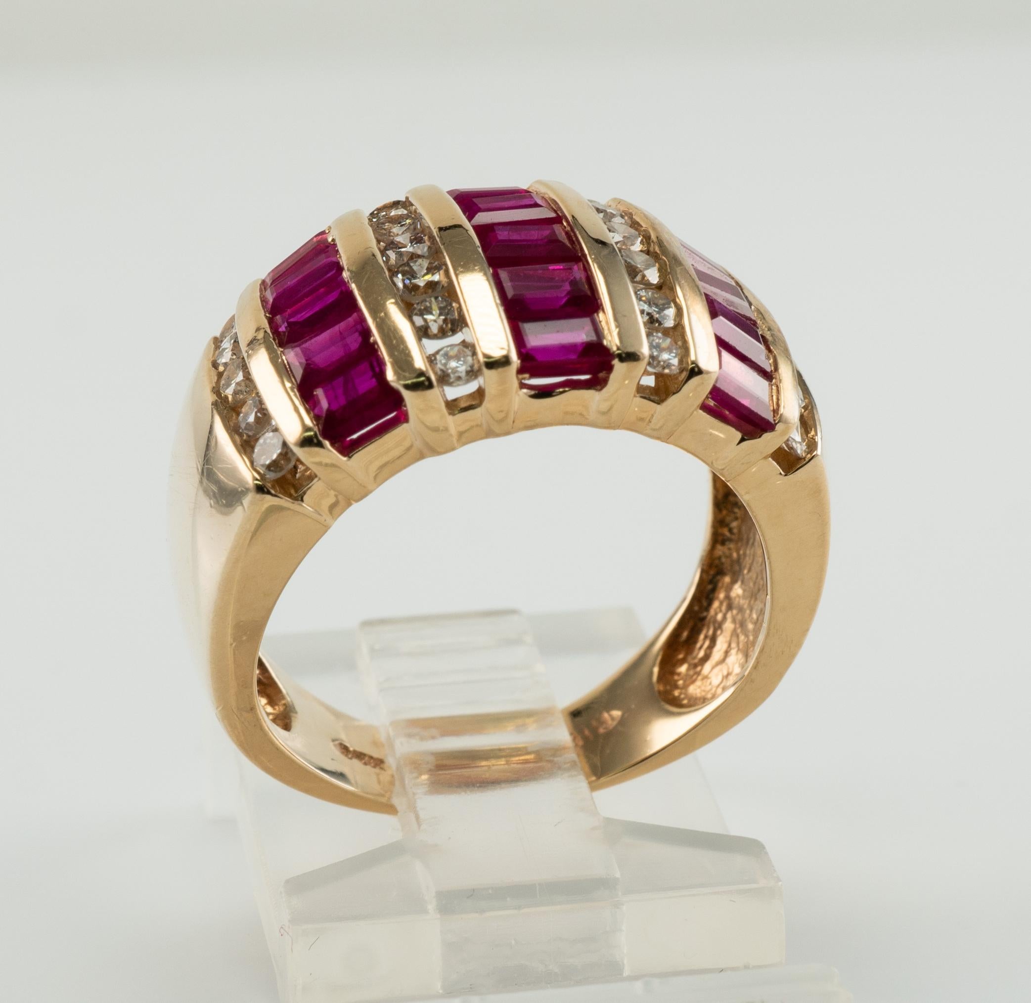 Baguette Cut Diamond Natural Ruby Ring Band 14K Yellow Gold BH For Sale