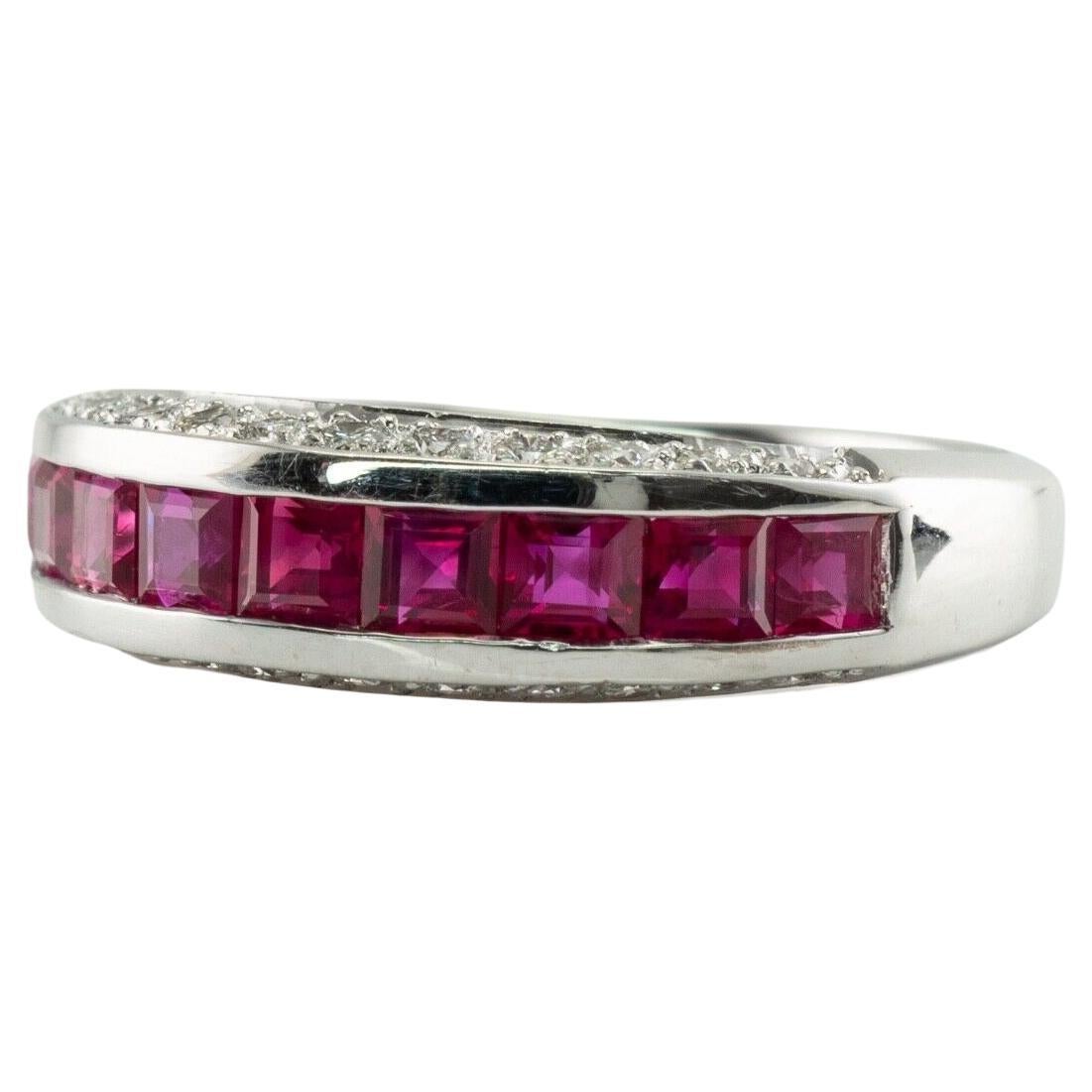 Diamond Natural Ruby Ring Band 18K White Gold For Sale