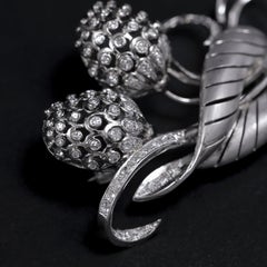 Diamond Naturalistic Leaf Berries Brooch White Gold Portuguese 1950s 1960s
