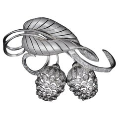 Diamond Naturalistic Leaf Berries Brooch White Gold Portuguese 1950s 1960s