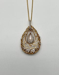 Diamond Nature Inspired Branch Scroll Leaf Pave Set 14K Gold Pendant Necklace