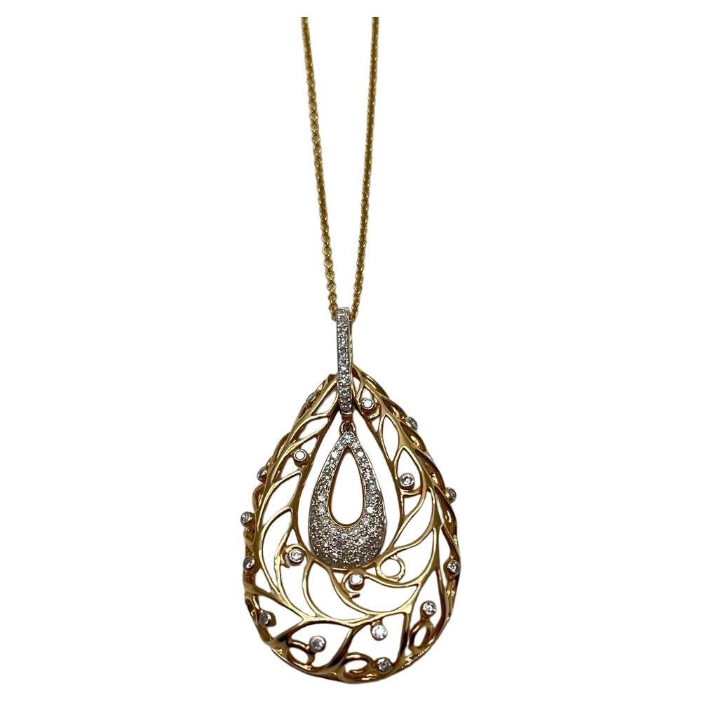 Diamond Nature Inspired Branch Scroll Leaf Pave Set 14K Gold Pendant Necklace