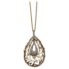 Diamond Nature Inspired Branch Scroll Leaf Pave Set 14K Gold Pendant Necklace