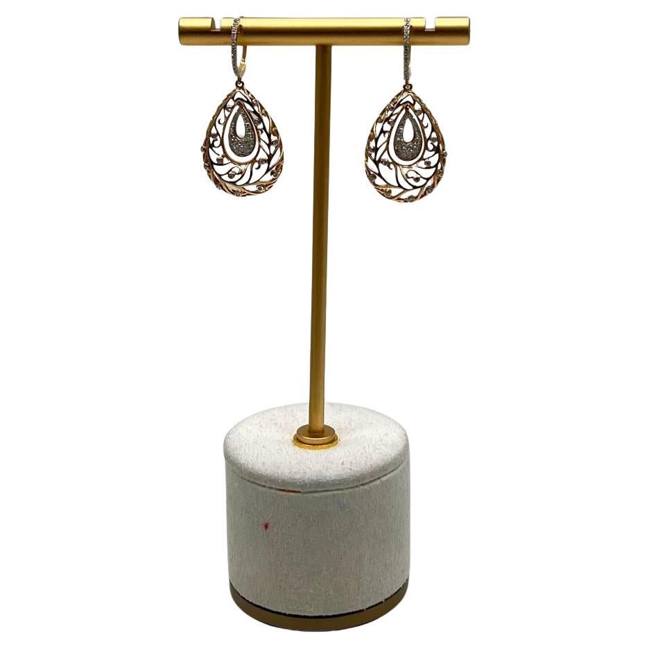 Diamond Nature Inspired Branch Scroll Motif Pave Set 14K Yellow Gold Earrings
