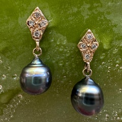 Diamond Navette Earrings in 14K Gold with 8mm Baroque Tahitian Pearl Drops