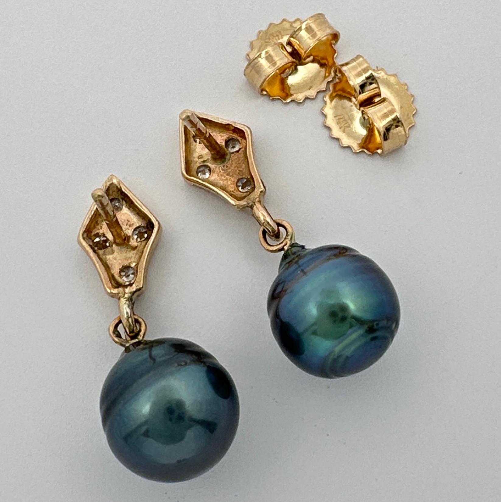 Pendientes Navette de Diamantes con Gotitas Tahitianas Barrocas de 8 mm en Oro Amarillo en venta 3