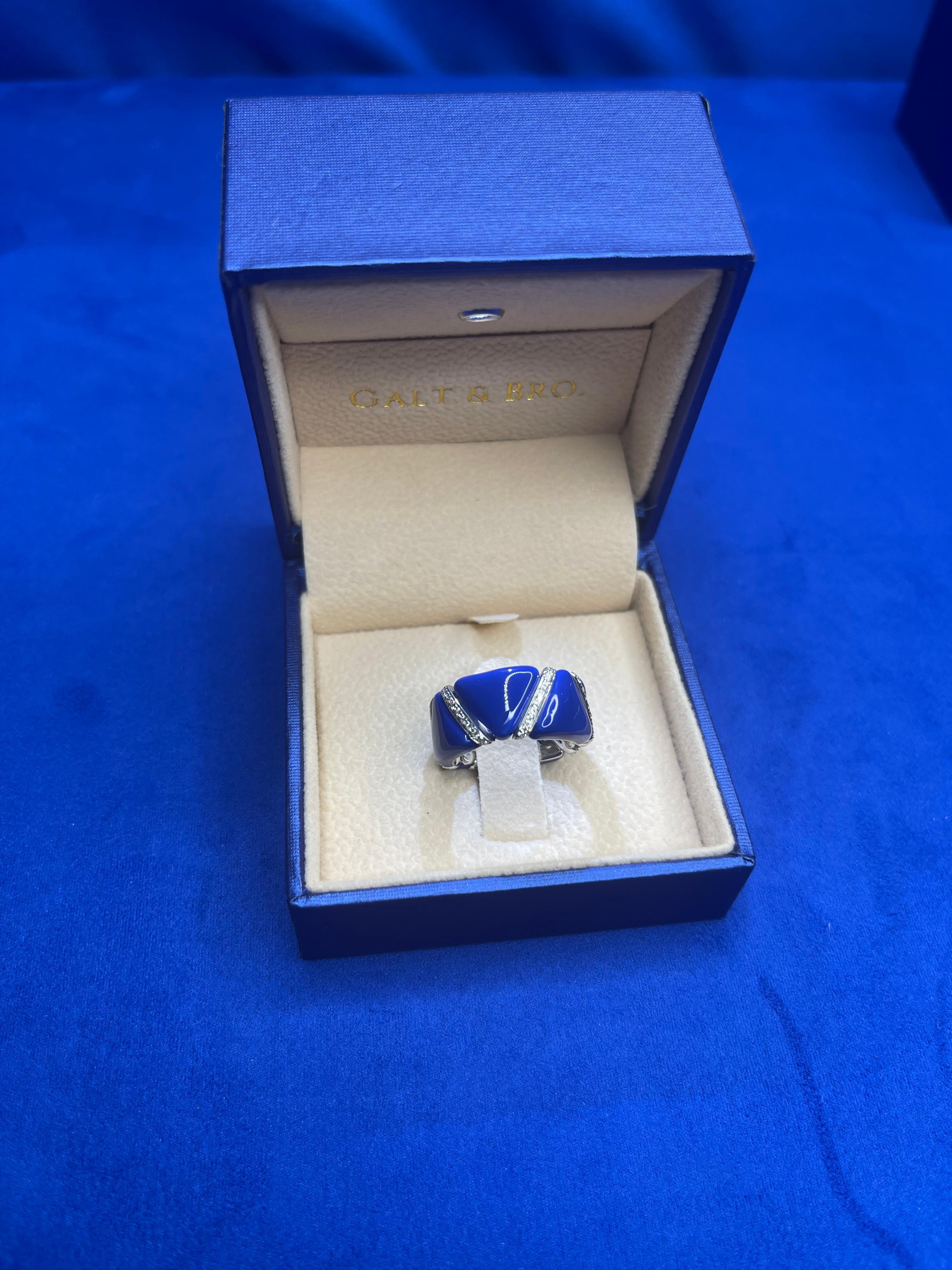 Diamond Navy Blue Enamel Flexible Italian Eternity Band Unique White Gold Ring For Sale 2