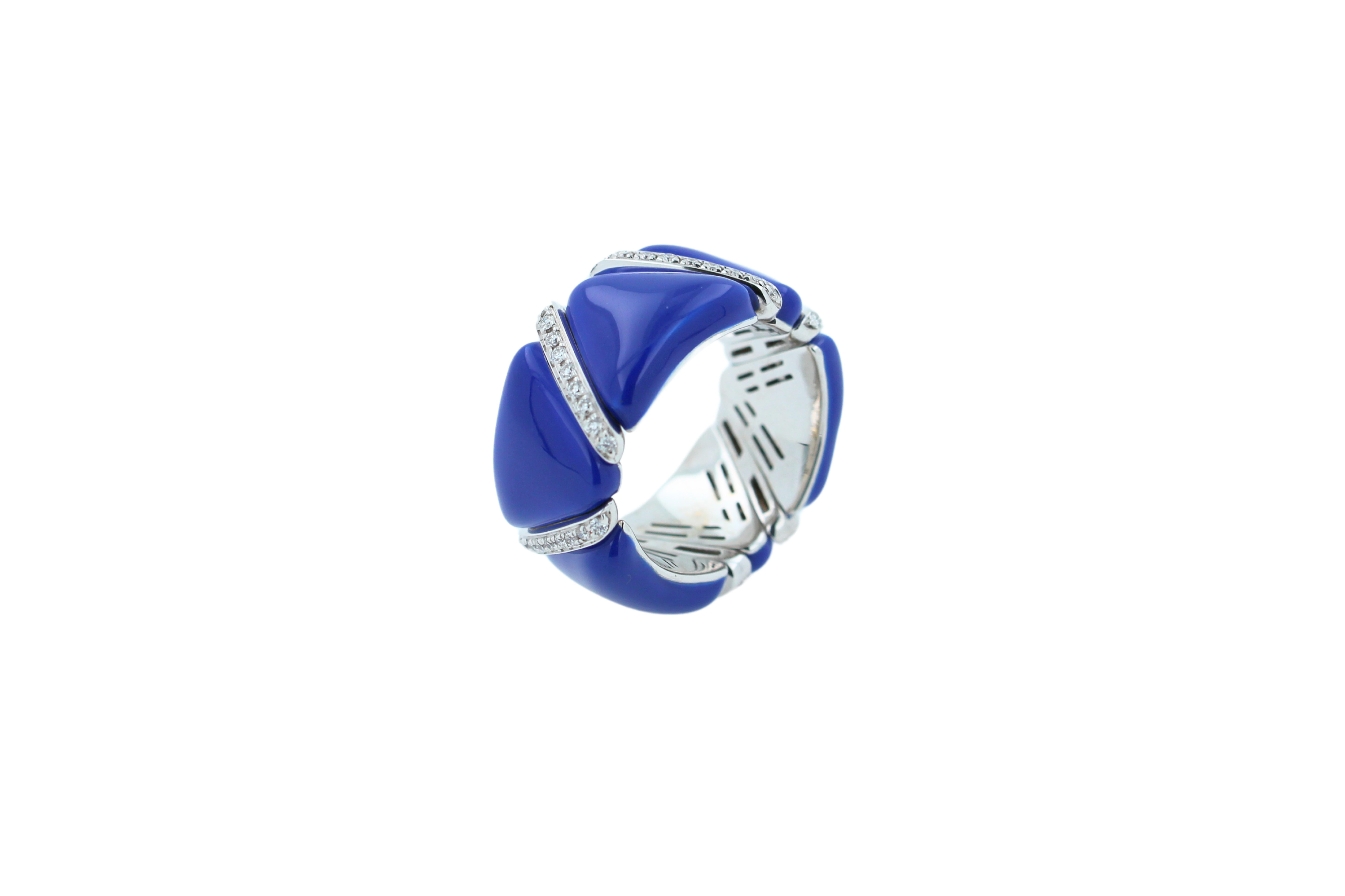 Art Deco Diamond Navy Blue Enamel Flexible Italian Eternity Band Unique White Gold Ring For Sale