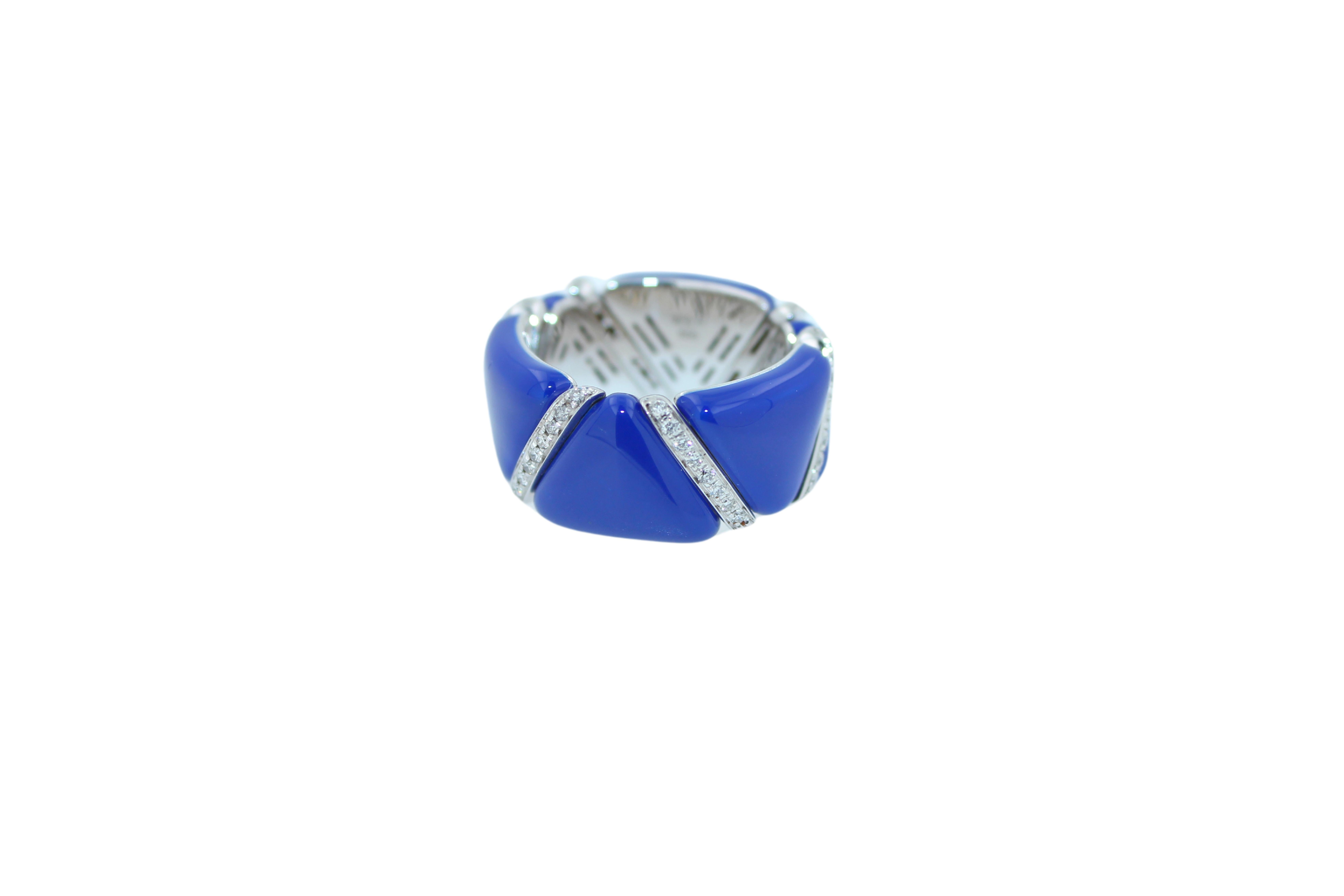 Brilliant Cut Diamond Navy Blue Enamel Flexible Italian Eternity Band Unique White Gold Ring For Sale