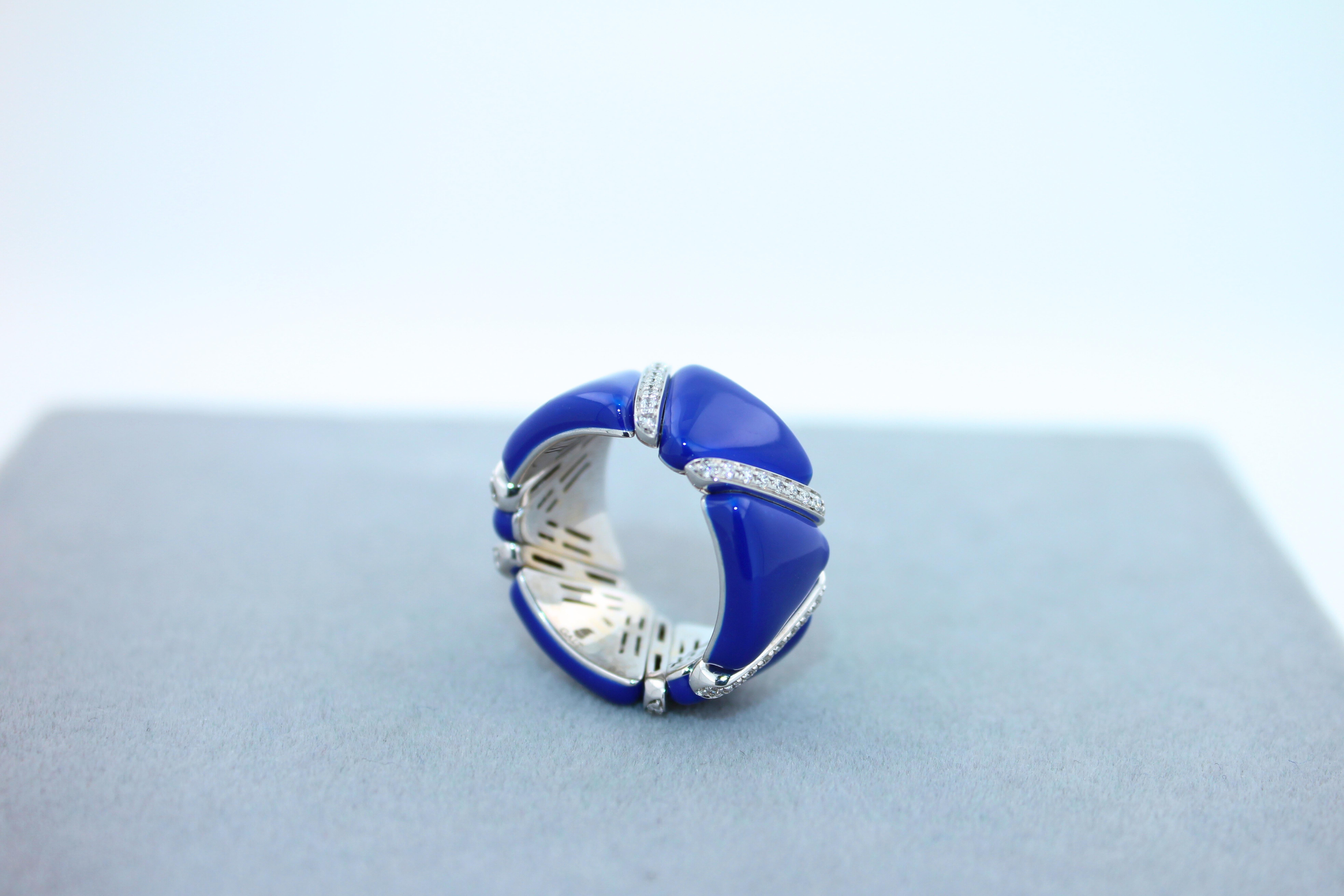 Women's or Men's Diamond Navy Blue Enamel Flexible Italian Eternity Band Unique White Gold Ring For Sale