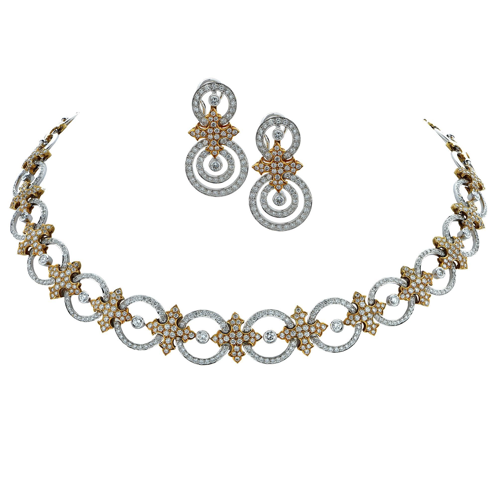 Diamond Necklace and Earring 18 Karat Two-Tone Gold Set