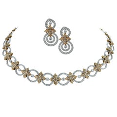 Diamond Necklace and Earring 18 Karat Two-Tone Gold Set