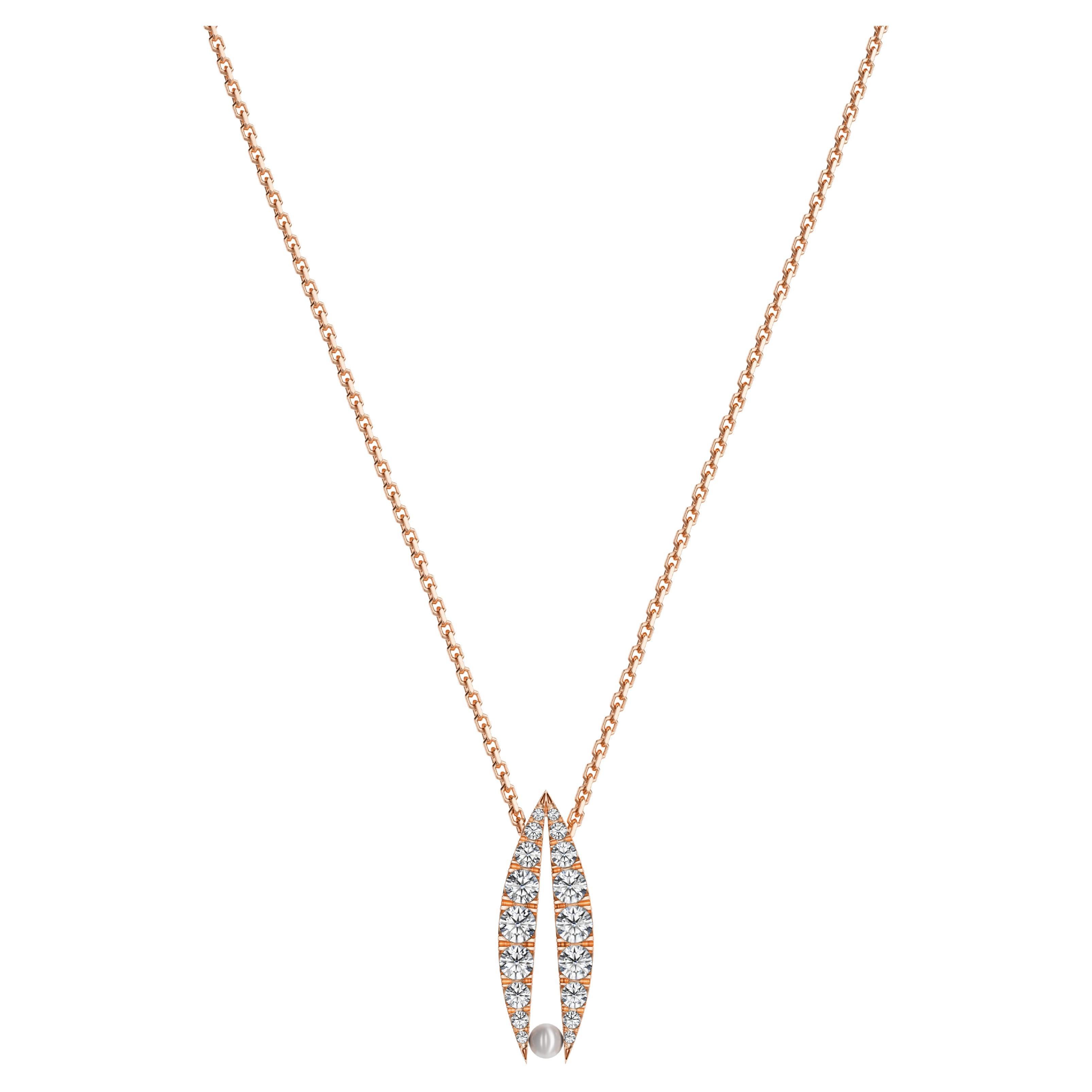 Diamond Necklace 18K Rose Gold Lotus Down Pearl Necklace For Sale