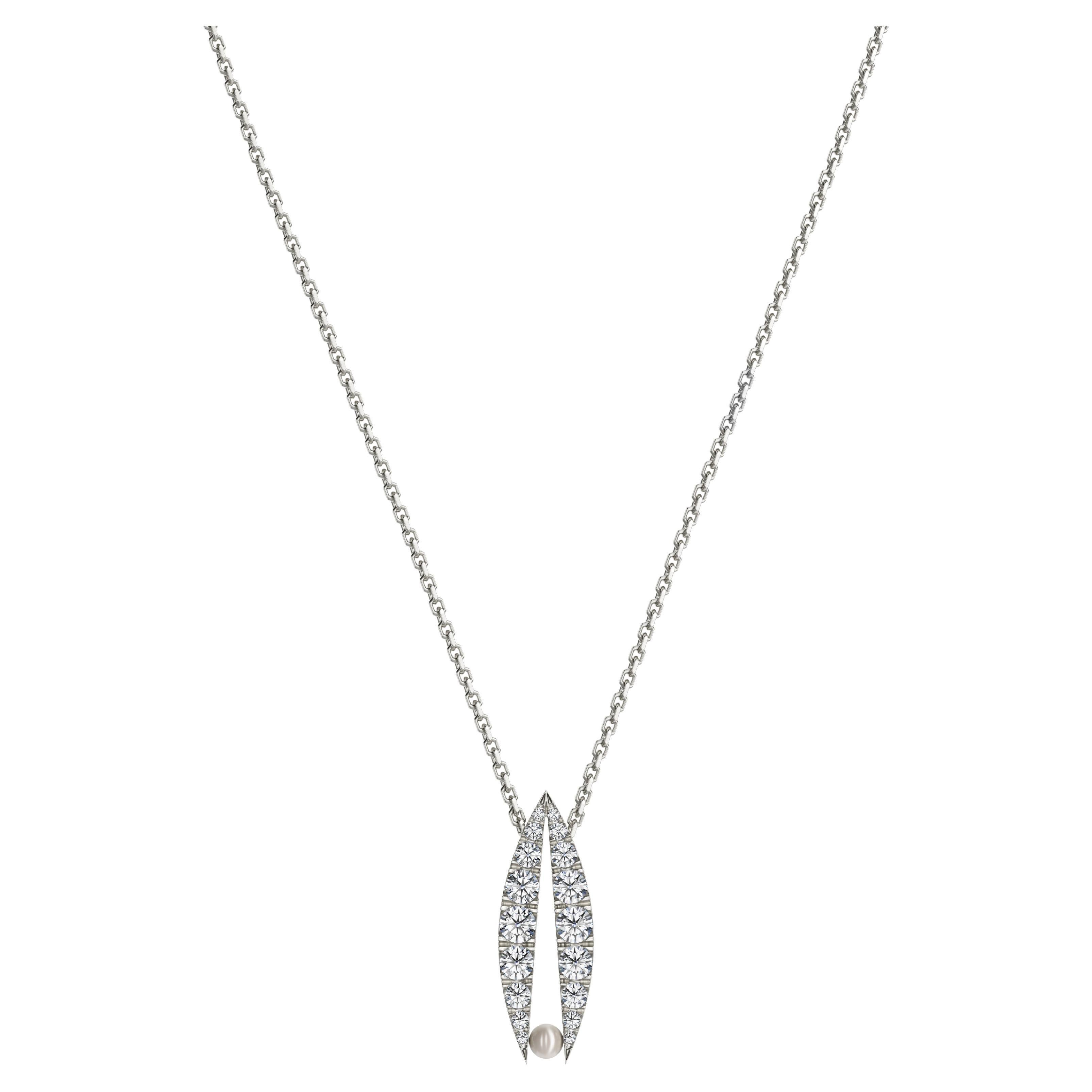 Diamond Necklace 18K White Gold Lotus Down Pearl Necklace For Sale