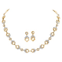 Diamond Necklace and Earrings in 14k Gold, Geometric Design