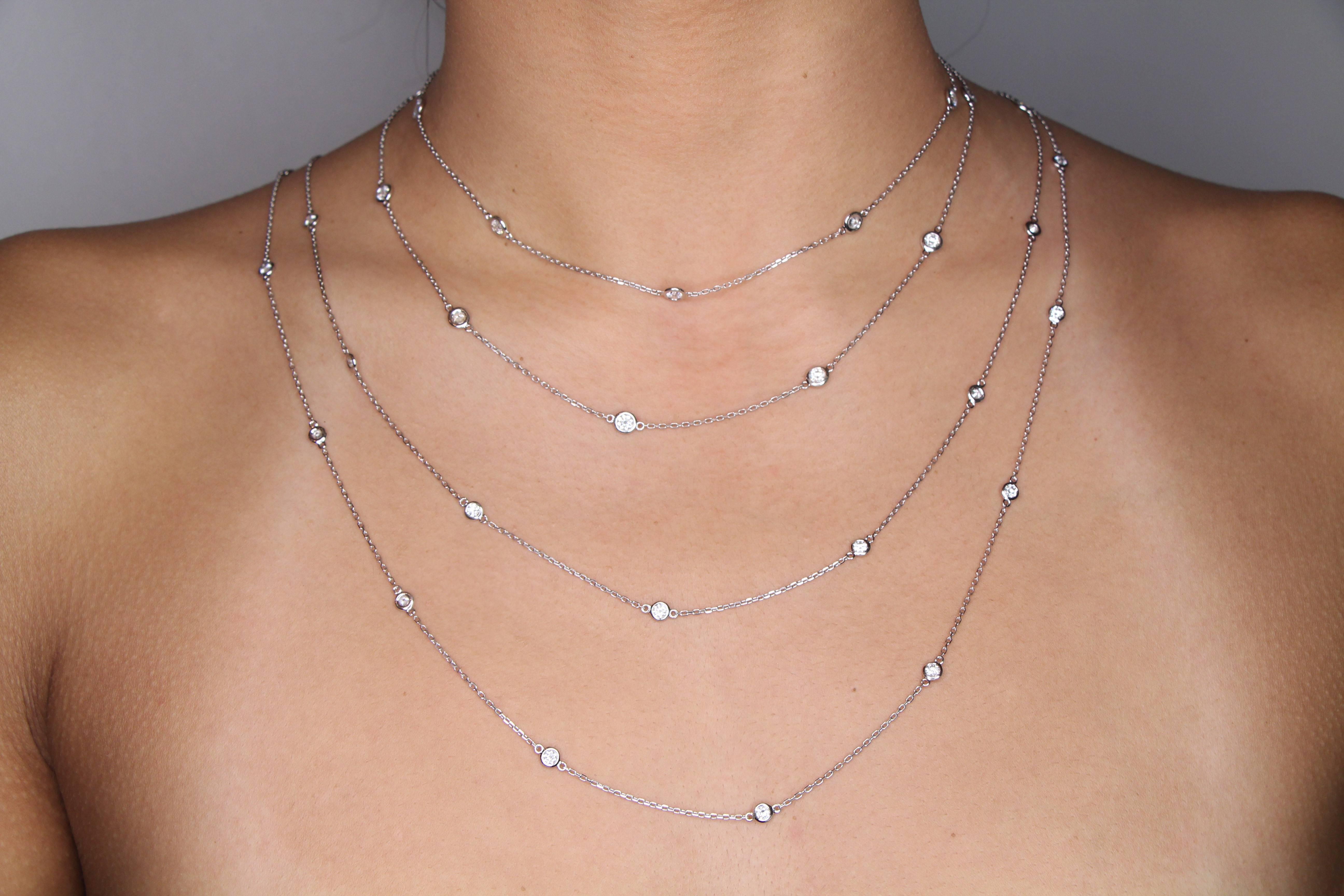 An amazing long necklace measuring 90 cm set with 17 Round Diamonds weighing 1,54 carats.
The Diamond are GVS Qualities.
The Diamond Sautoir is 18K White Gold and is also available in 18K Rose Gold 18K Yellow Gold .
