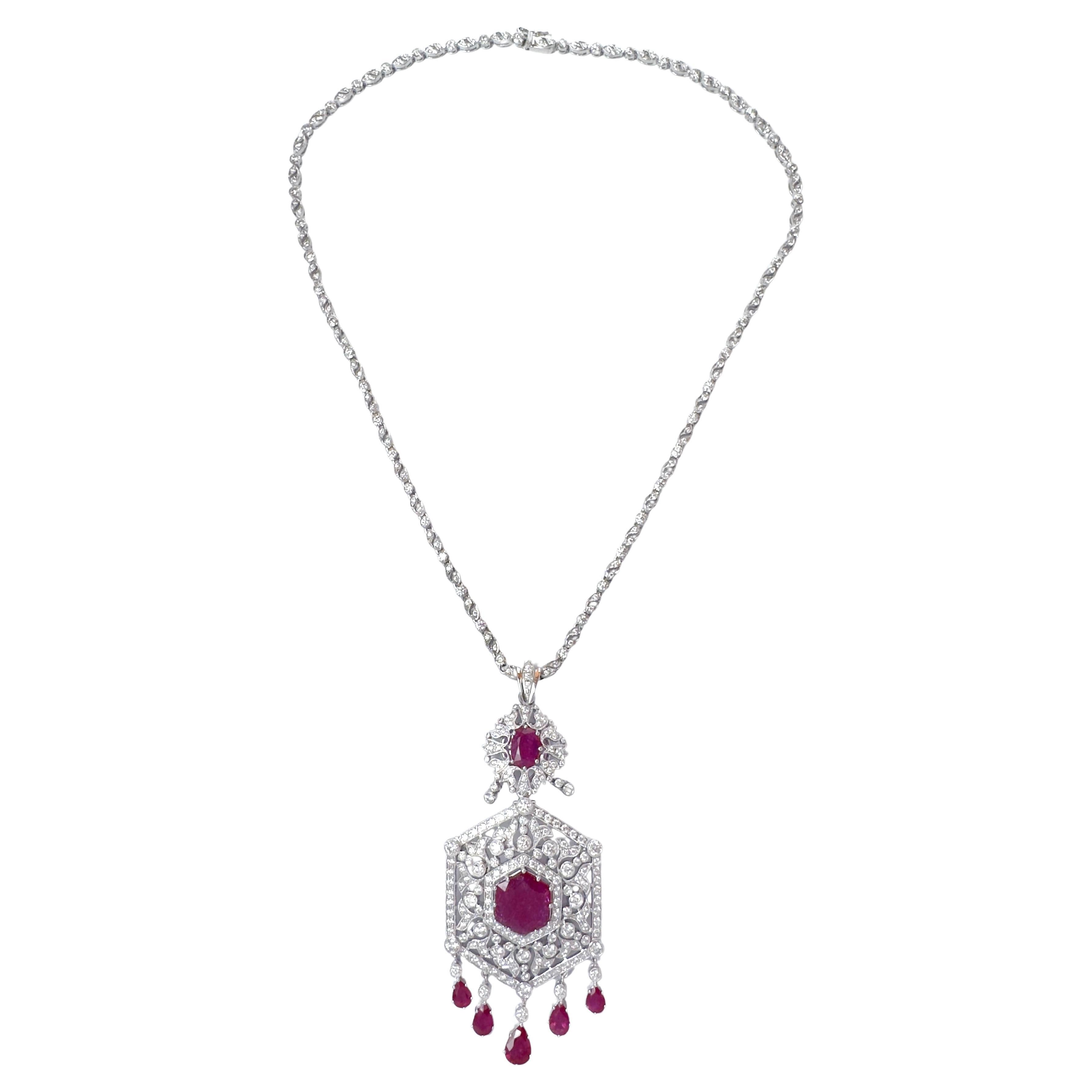 Diamond Necklace and Ruby with Diamond Pendant/Brooch in 18K White Gold Settings