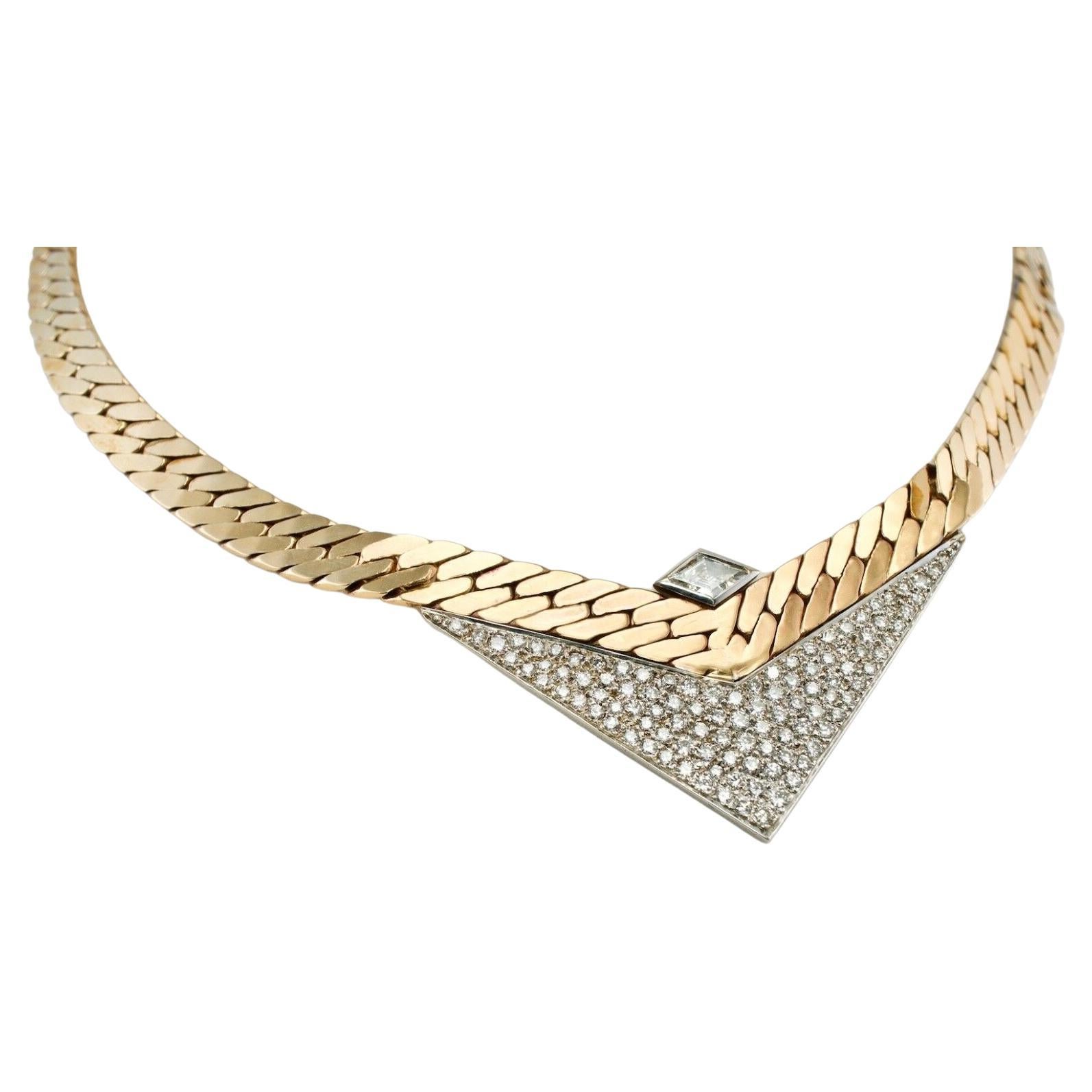 Diamond Necklace Choker 18K & 14K Gold Geometric V by Sande Italy For Sale