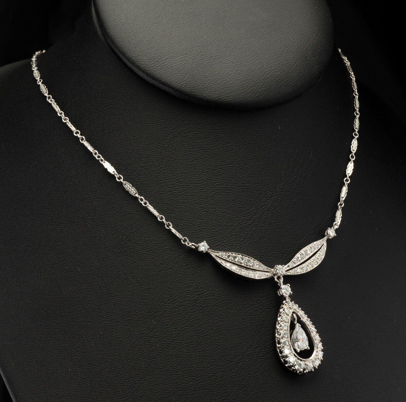 Diamond Necklace Choker Vintage 14K White Gold Teardrop Pendant 2.38 TDW For Sale 5