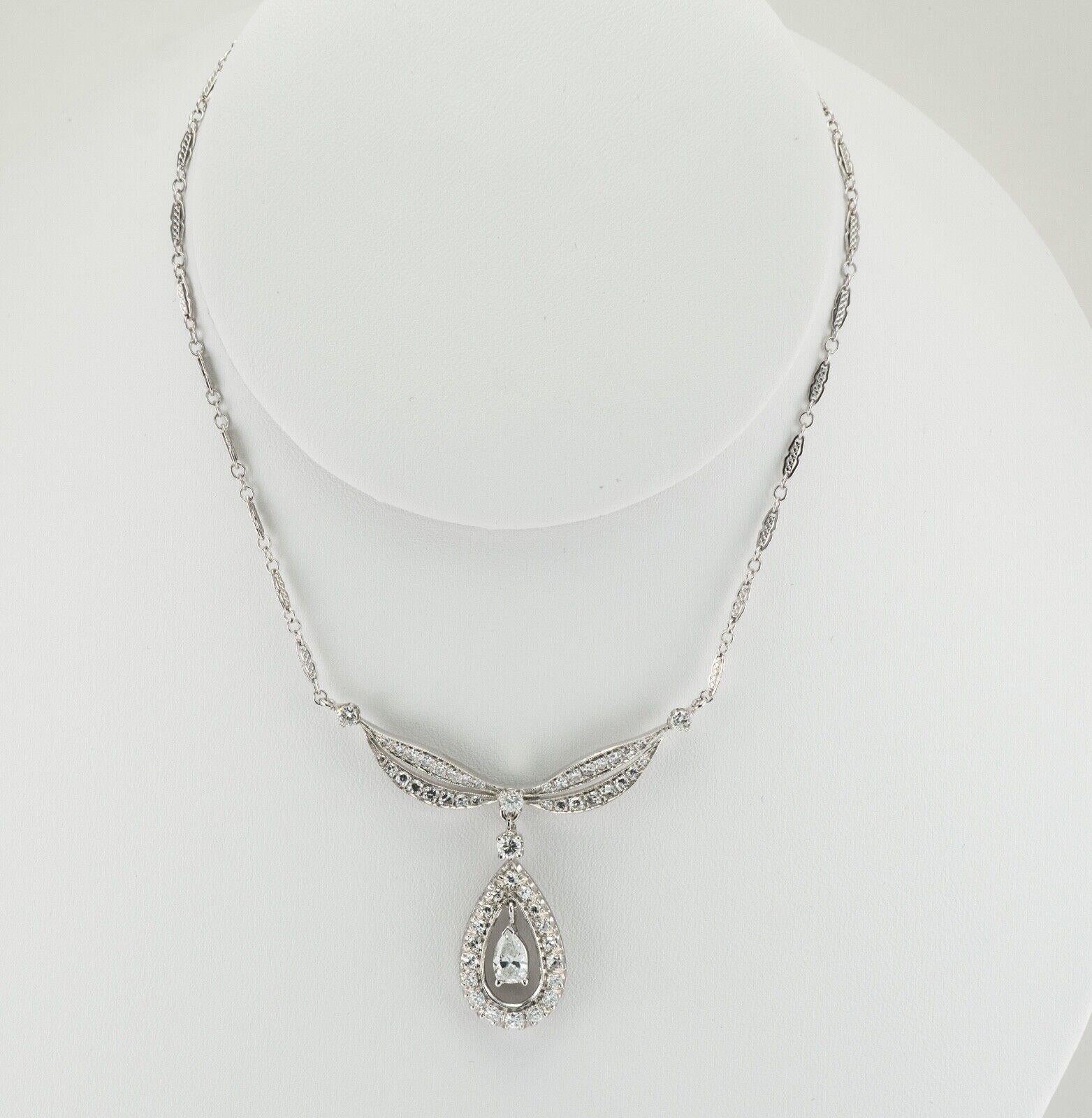 Round Cut Diamond Necklace Choker Vintage 14K White Gold Teardrop Pendant 2.38 TDW For Sale