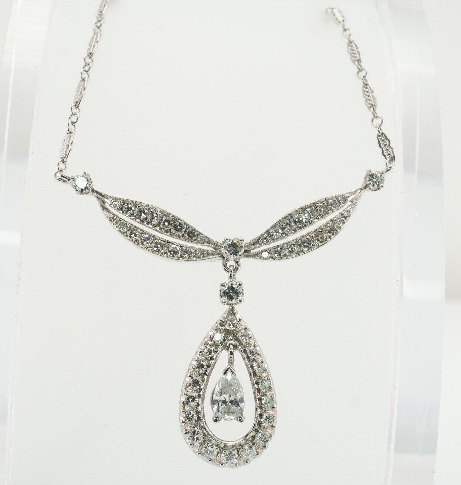 Diamond Necklace Choker Vintage 14K White Gold Teardrop Pendant 2.38 TDW In Good Condition For Sale In East Brunswick, NJ
