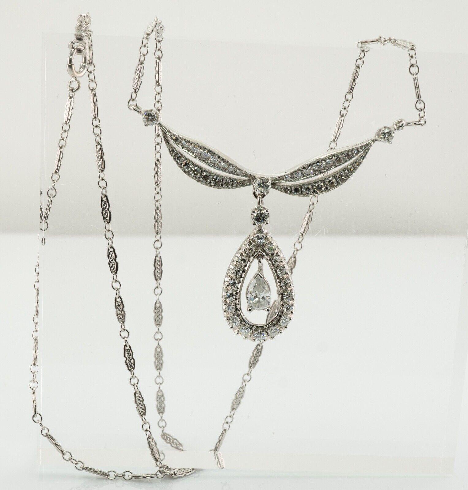 Women's Diamond Necklace Choker Vintage 14K White Gold Teardrop Pendant 2.38 TDW For Sale