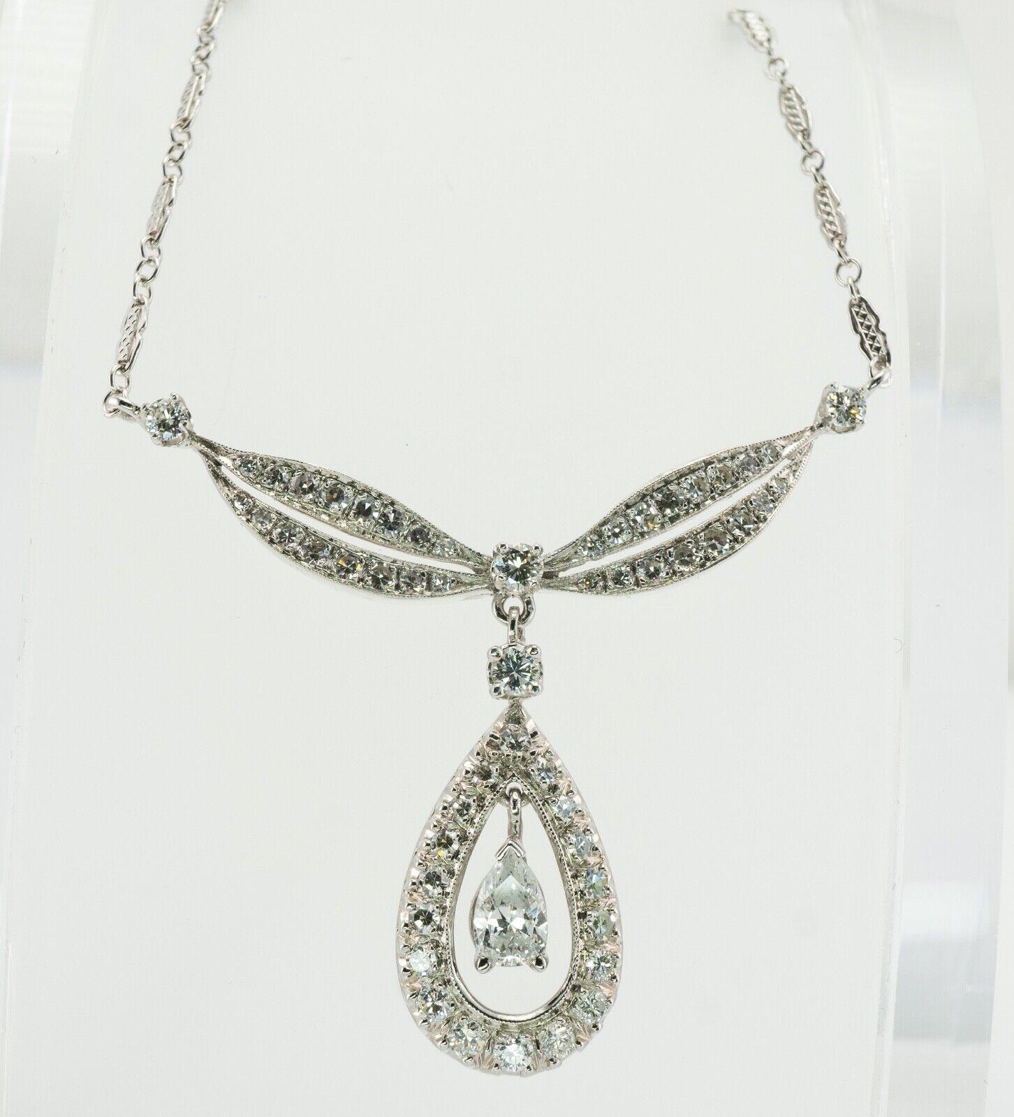 Diamond Necklace Choker Vintage 14K White Gold Teardrop Pendant 2.38 TDW For Sale 1