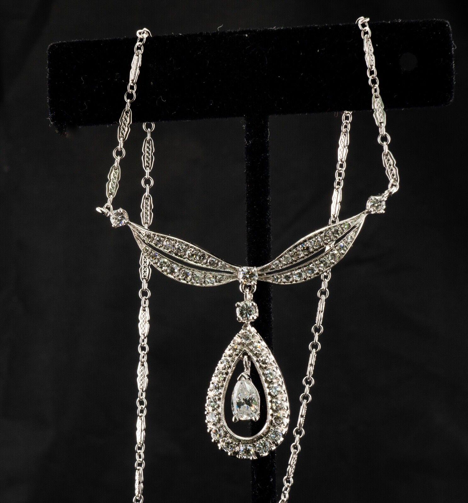 Diamond Necklace Choker Vintage 14K White Gold Teardrop Pendant 2.38 TDW For Sale 3