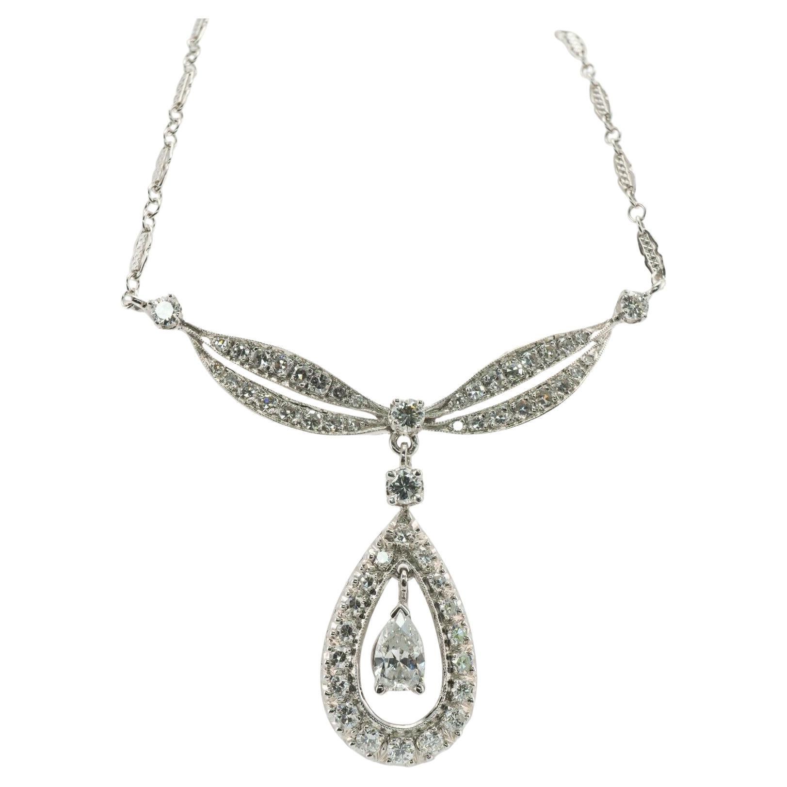 Diamond Necklace Choker Vintage 14K White Gold Teardrop Pendant 2.38 TDW