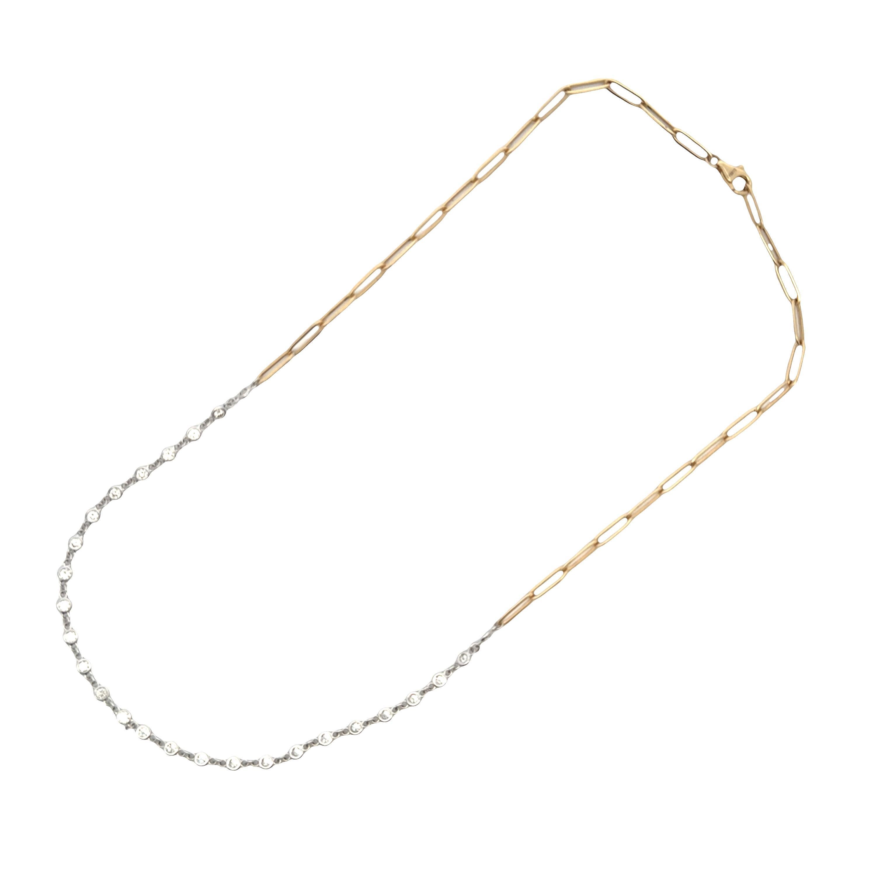 Modern Diamond Necklace DIamond By Yard in Front Paperclip Chain Link In Back Two Tone For Sale