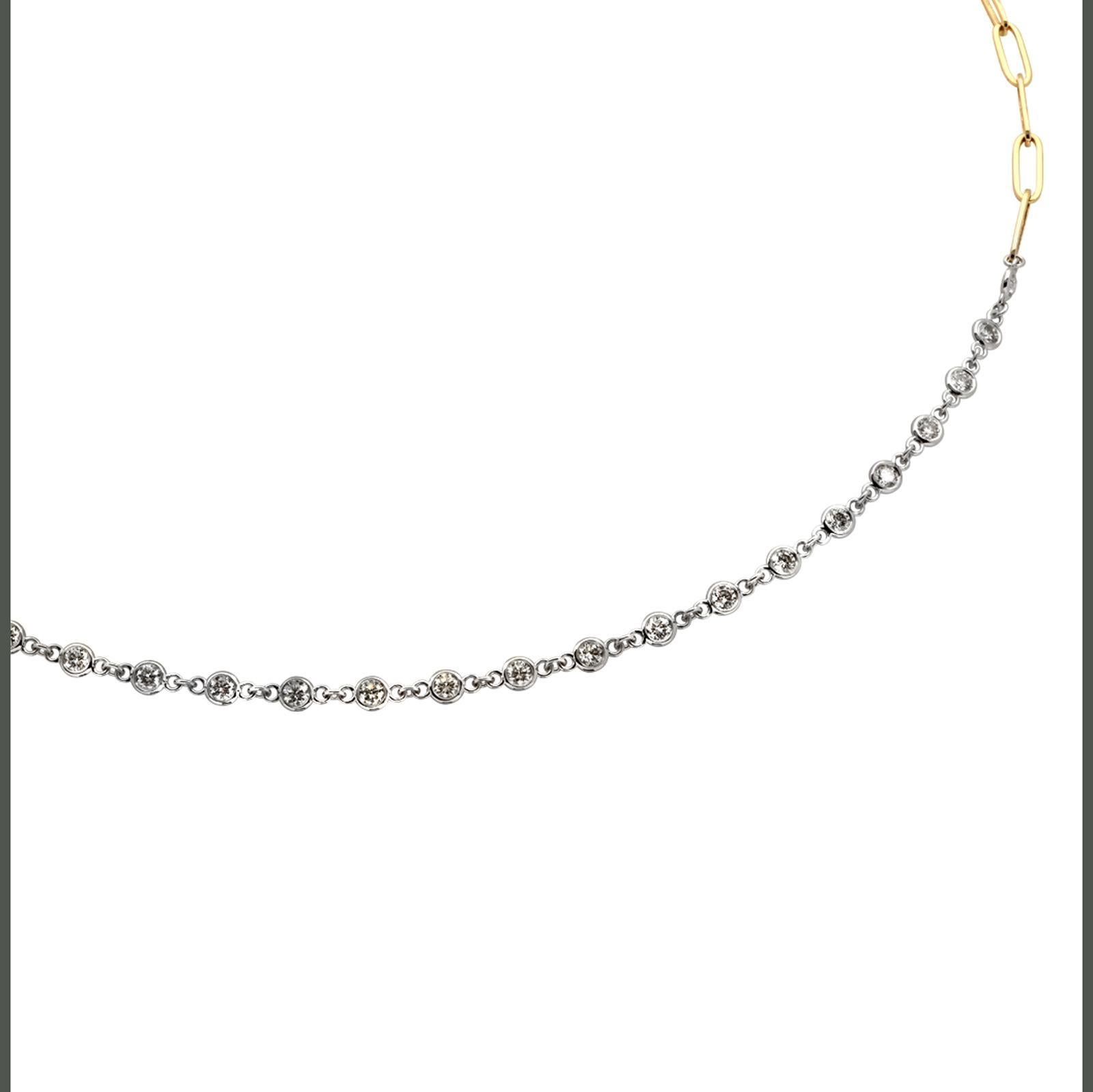 Brilliant Cut Diamond Necklace DIamond By Yard in Front Paperclip Chain Link In Back Two Tone For Sale