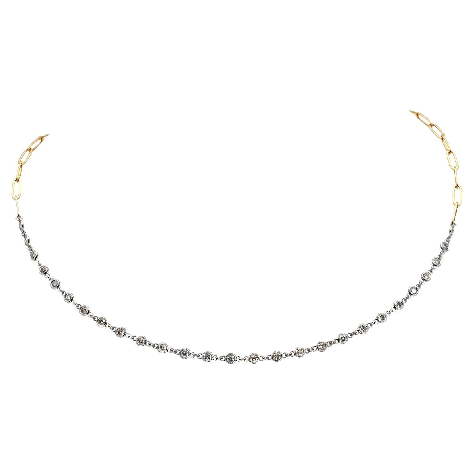 Diamond Necklace DIamond By Yard in Front Paperclip Chain Link In Back Two Tone For Sale