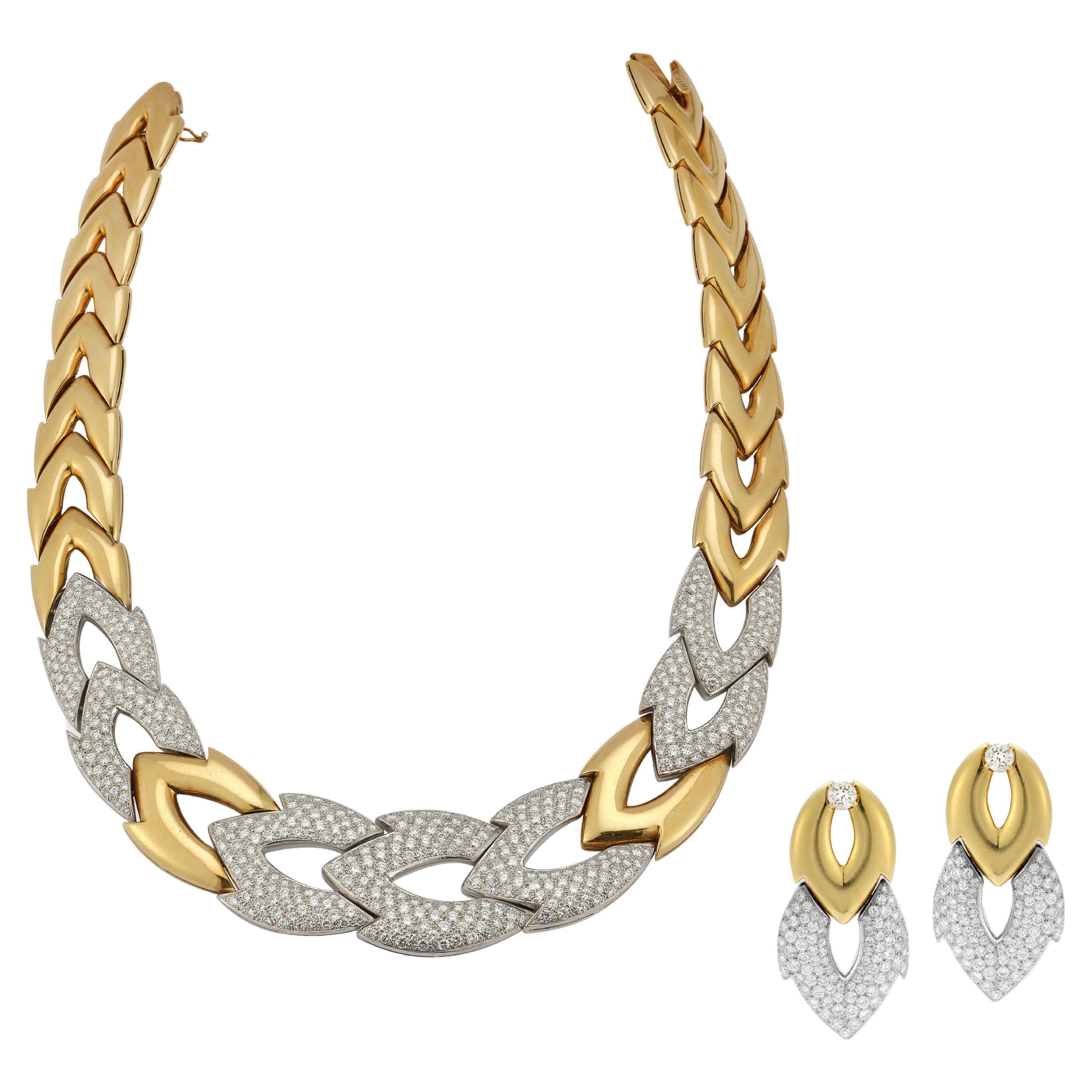 Diamond Necklace & Door Knocker Earrings Set For Sale
