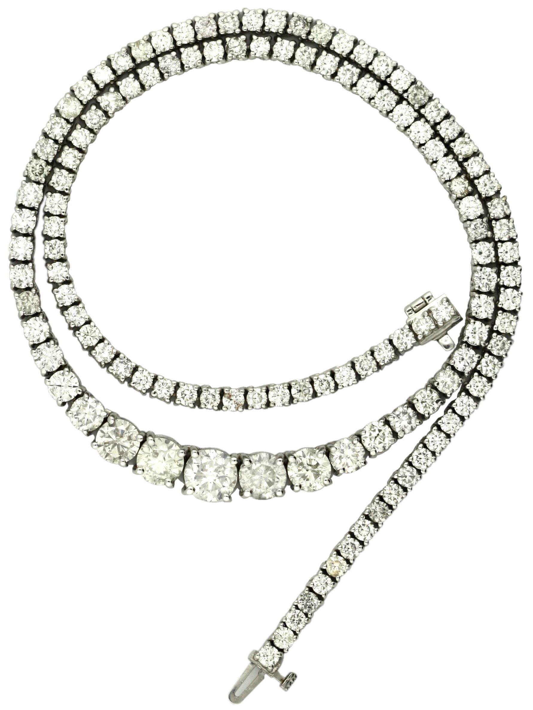 Oscar Friedman Diamond Necklace 
Featuring Two hundred twenty-two round, brilliant cut diamonds weighing approximately 19.67 carats and measuring approximately 7.34 - 7.38 x 4.71 mm, graduating to a centered round brilliant-cut diamond weighing