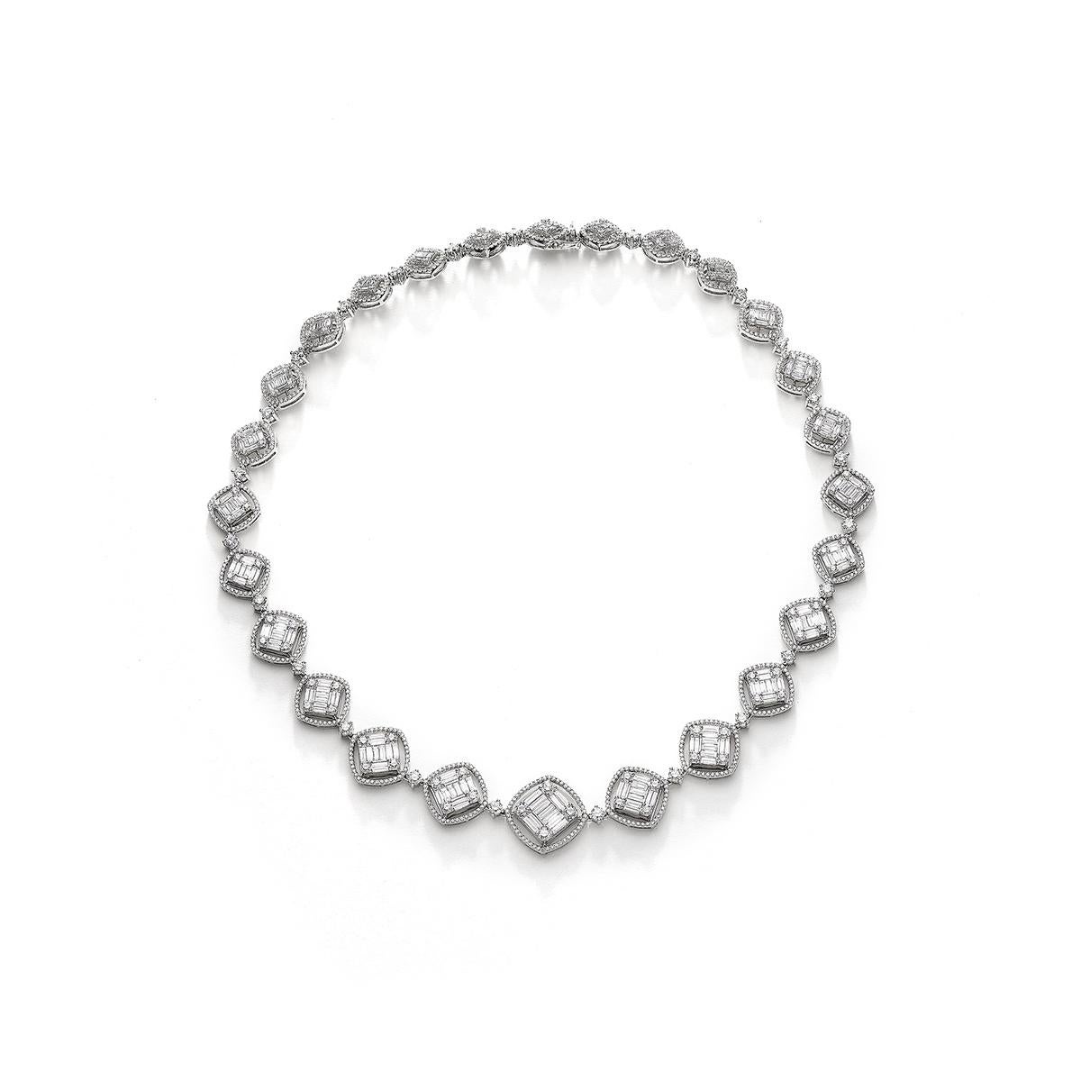 Necklace in 18kt white gold set with 207 baguette cut diamonds 6.65 cts and 947 diamonds 9.39 cts