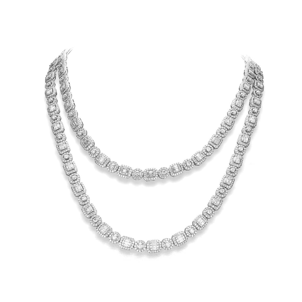 Necklace in 18kt white gold set with 235 baguette cut diamonds 4.59 cts and 1645 diamonds 13.97 cts 

Total length: 74.00 cm (29.13 inch).

Gross weight: 66.38 grams.      