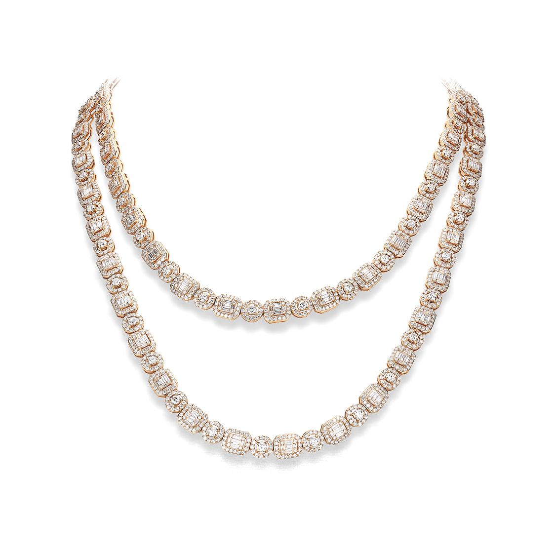 Necklace in 18kt pink gold set with 310 baguette cut diamonds 5.14 cts and 2170 diamonds 18.53 cts (97 cm) 

Total length: 97.00 cm.
Gross weight: 89.09 grams